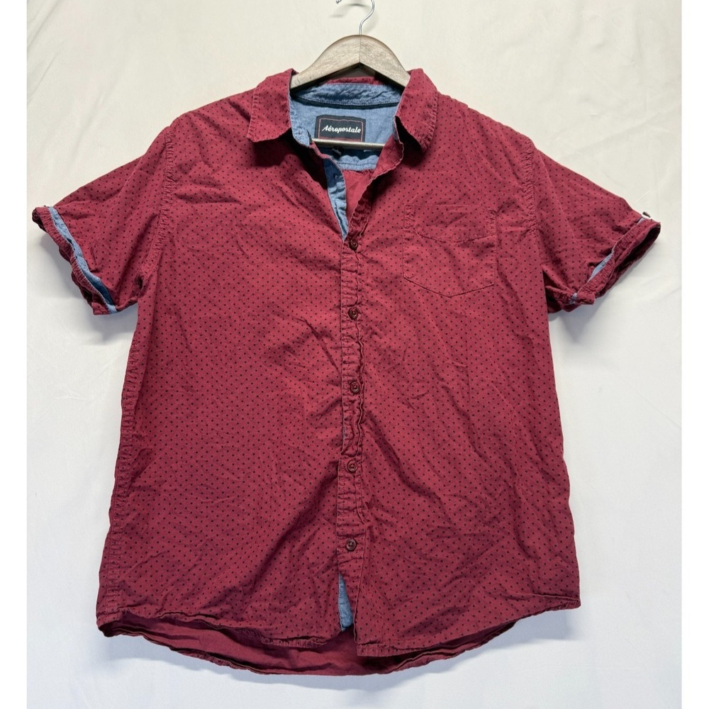 Aeropostale Shirt Mens Large Red Black Micro Polka Dot Print Logo Button Up
